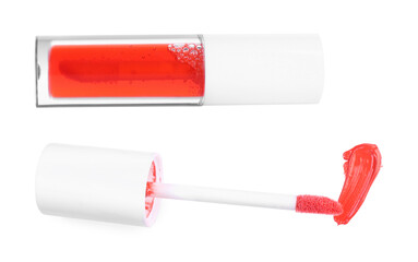 Lip gloss. Sample, bottle and wand on white background