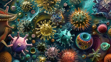 Fototapeta na wymiar , depicting various types of viruses such as influenza, coronavirus, and HIV, each with its unique shape, color, and structure, highlighting their impact on human health and society