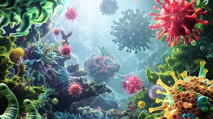 viruses infecting different organisms such as animals, plants, and bacteria, while incorporating elements of scientific imagery and data visualization to convey the complexity and beauty of virology