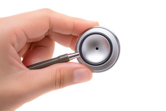 Stethoscope in hand isolated on a transparent background. Health care concept