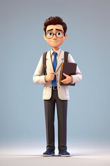 A cartoon man wearing glasses and a white coat is holding a book and a backpack