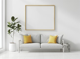 White living room with a light gray sofa and wooden frame, yellow pillows on the couch, a plant in a white pot near the window