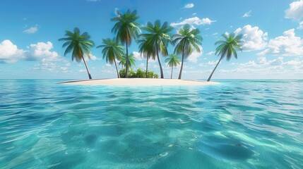 A product display base with a tropical island background, complete with palm trees, white sand, and crystal-clear water, evoking a sense of paradise.