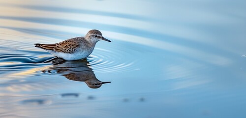 A common sandpiper darting across rippling waves, its reflection mirrored in the glistening water. 