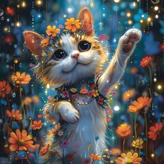 Captivating Feline Performer in a Whimsical Floral Fantasy Scene