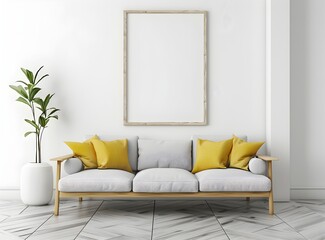 White living room with a light gray sofa and wooden frame, yellow pillows on the couch, a plant in a white pot near the window