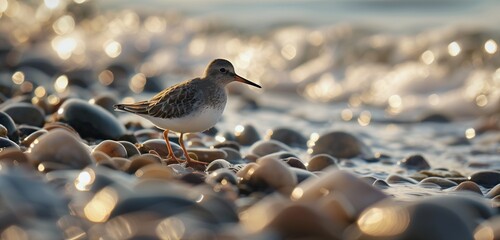 A common sandpiper delicately picking its way along the water's edge on a pebbled shore. 