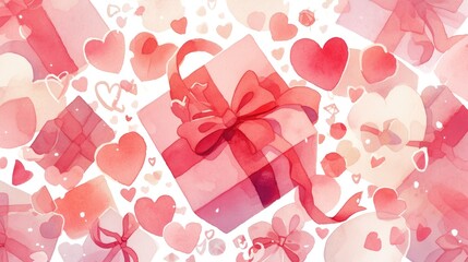 A charming hand drawn watercolor illustration showcases a pink gift box adorned with a heart pattern and a bow set against a white backdrop This delightful artwork captures the essence of lo