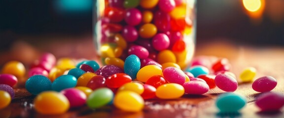 a jar full of colorful candy on a table - Powered by Adobe