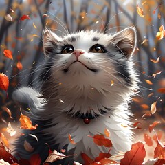 Adorable Kawaii Fluffy Cat Frolicking Amidst Autumn Leaves in Crisp Woodland Setting - obrazy, fototapety, plakaty