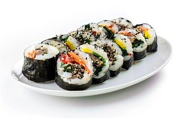 Gimbap is a Korean food consisting of rice and several ingredients seasoned with sesame oil and wrapped in nori seaweed