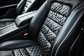 Modern luxury car black leather with alcantara interior. Part of black leather car seat details with white stitching. Interior of prestige car. Perforated leather seats isolated. Perforated leather