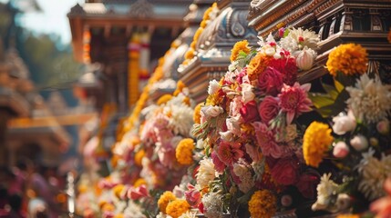 A close-up of intricate floral arrangements adorning the chariots, adding to the beauty of the Jagannath Rath Yatra celebration.