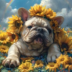 Whimsical Bulldog Resting in Sunlit Fantasy Garden with Sunflower Crown and Rainbow