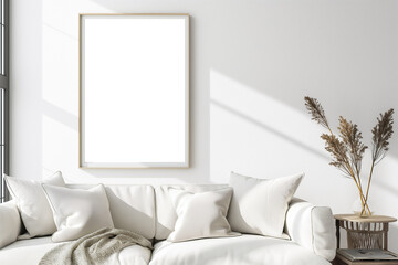 Modern living room interior with white walls comfortable white sofa with white pillows and vertical poster frame mockup