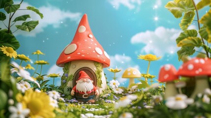 Blank mockup of a whimsical garden flag featuring a cartoon gnome and his mushroom house. .
