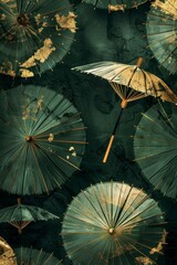 Dark green and gold umbrellas pattern for trendy fashion design and background illustrations