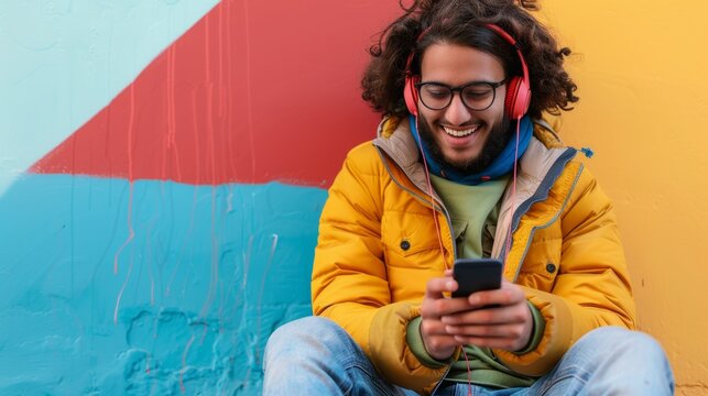 Young handsome man wearing headphones listening to music in colorful wall background.