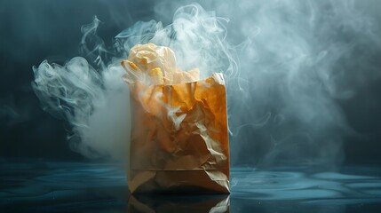 A paper bag filled with fast food, steam rising from the opening, condensation clinging to its sides