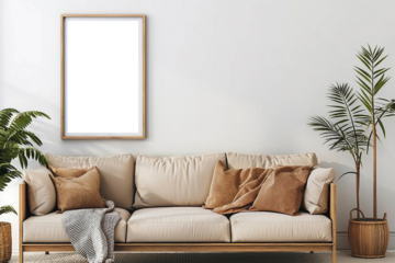 Modern living room interior with white walls comfortable white sofa with white pillows and vertical poster frame mockup