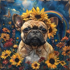Joyful Bulldog Crowned in Sunflowers Amid Vibrant Floral Garden Under Rainbow Skies