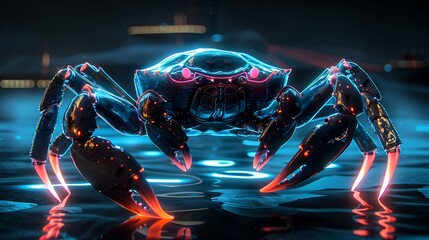 Wallpaper depicting a futuristic crab, its claws highlighted with striking neon light glows - obrazy, fototapety, plakaty