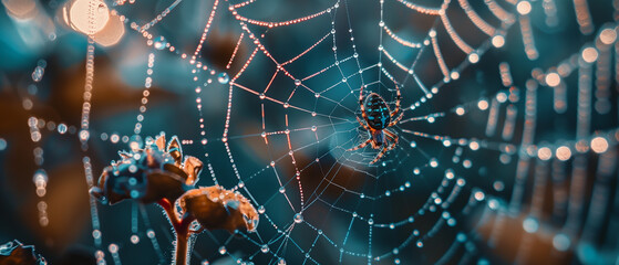 spider on the spiderweb after rain  - obrazy, fototapety, plakaty