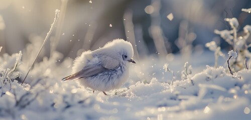 A small, adorable white bird nestled beneath a blanket of snow, its feathers fluffed for warmth.  - obrazy, fototapety, plakaty