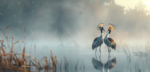 A majestic crowned crane gracefully dancing amidst tall reeds in a tranquil wetland.