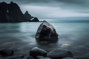 Serene dusk at a rocky shoreline with misty waters and darkened sky - Powered by Adobe