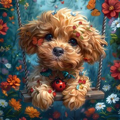 Whimsical Kawaii Flower Dog Swinging with Ladybugs and Butterflies in a Vibrant Floral Garden - obrazy, fototapety, plakaty