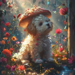 Whimsical Flower Dog Excitedly Sniffing Glowing Mushroom in Enchanted Forest Filled with Blooming Flowers Sparkling Streams and Playful Butterflies