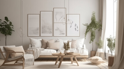 Scandinavian interior design style living room with sofa and paintings on the wall modern contemporary design room