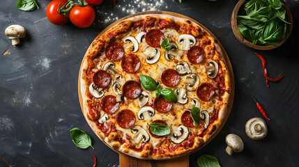 a pizza topped with mushrooms, pepperoni, and green leaves is placed on a black table a red pepper