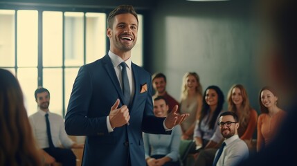 A business leader giving an inspiring speech to their team, with a motivational smile and a message of empowerment,