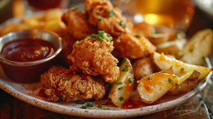 A plate of golden fried chicken tenders served with crispy seasoned potato wedges and tangy barbecue sauce for dipping