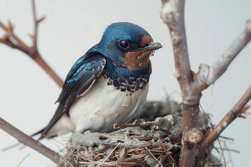 A swallow nests, mud and twigs in beak