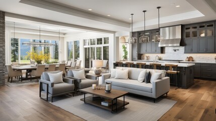 Living Room and Kitchen in New Luxury Home. Features Open Concept Floor Plan