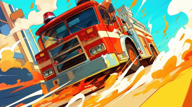 cartoon rendering of a fire truck car on a dynamic background