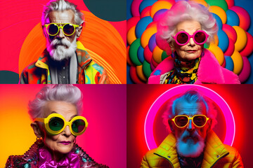 Senior fashion icons sport bold outfits and sunglasses against vibrant backgrounds