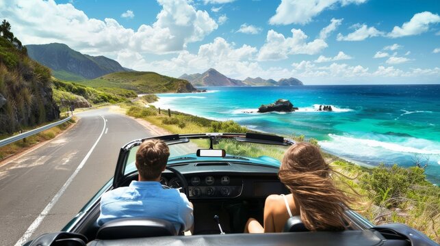 Couple driving in a convertible on a coastal road, enjoying the ocean breeze - Powered by Adobe