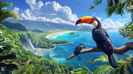 Obraz premium illustration of a beautiful toucan on a branch