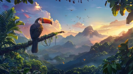 Obraz premium illustration of a beautiful toucan on a branch