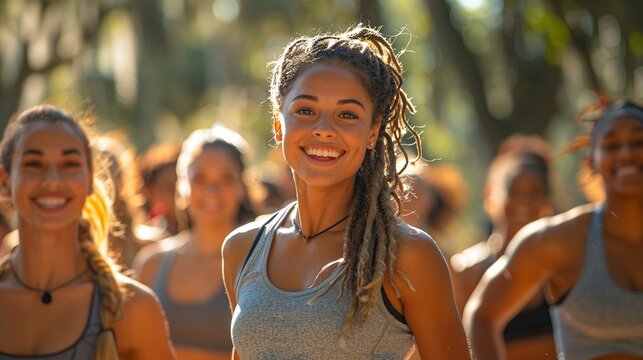 A group of friends participating in a high-energy outdoor boot camp class in a city park with enthusiastic expressions and dynamic movements