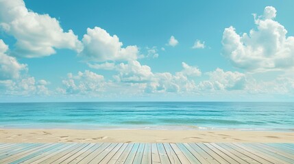 A product display base with a backdrop depicting a sandy beach and a calm.