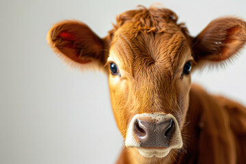 A close-up portrait of a brown cow