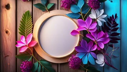 Abstract Background with Frame: Close-Up Round White Podium on Wooden Platform