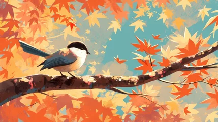 Outdoor kussens An autumn scene featuring a tit bird set against a backdrop of golden maple leaves depicted in a vivid and colorful 2d illustration reminiscent of a postcard © AkuAku