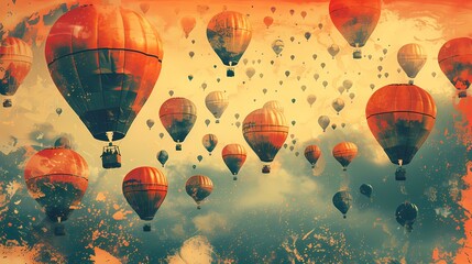 Naklejka premium Many hot air balloons around landscape abstract art poster background