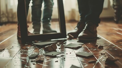 A broken family picture frame on the floor, symbolizing domestic discord - Powered by Adobe